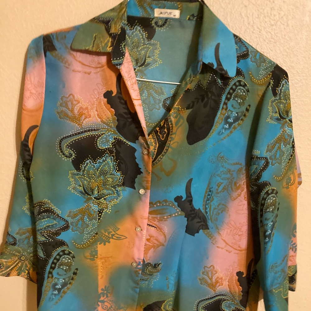 Silk-Feel Teal & Coral Paisley Button-Up Blouse - Jaipur